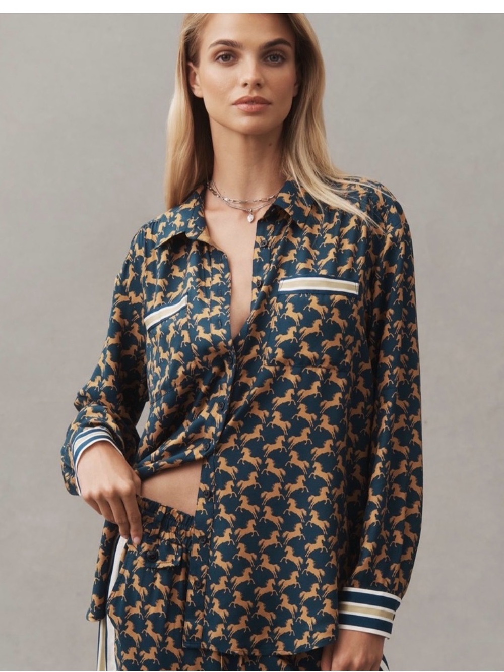 Maeve Navy and Camel Horse-Print Button-Front Shirt